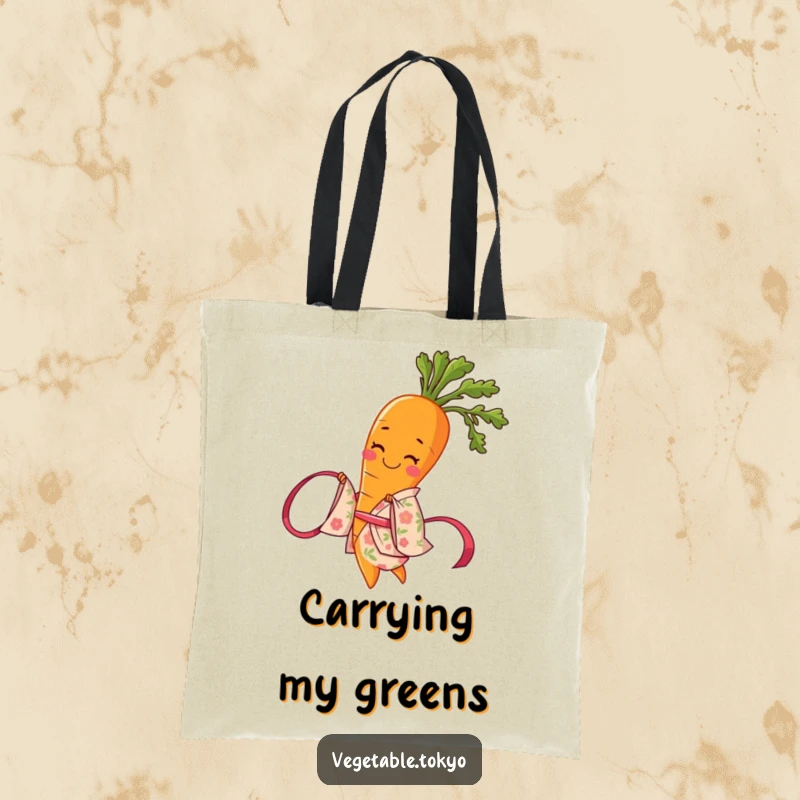 Funny tote bag featuring a smiling carrot in a floral kimono, elegantly twirling a ribbon, perfect for stylish, humorous errands.