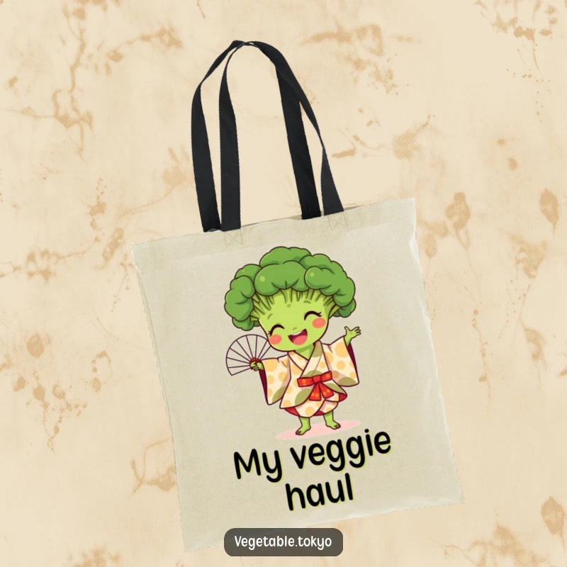 Funny tote bag with a joyful broccoli in a patterned kimono, performing an elegant fan dance, perfect for stylish and humorous errands.