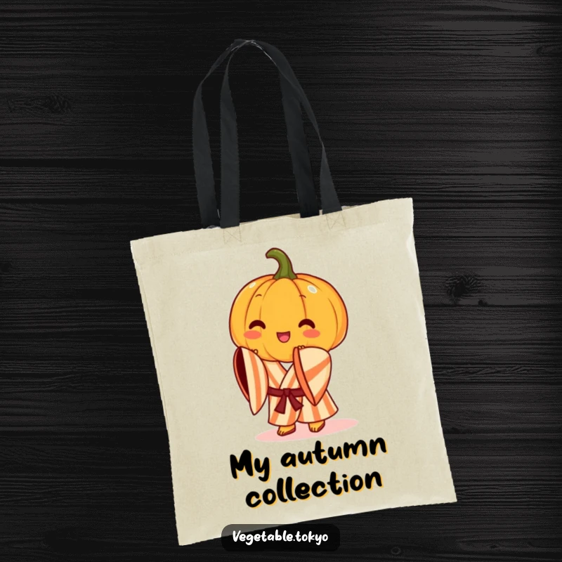 Funny tote bag with a cheerful pumpkin in a striped kimono, doing a graceful bow, ideal for stylish and humorous fall outings.