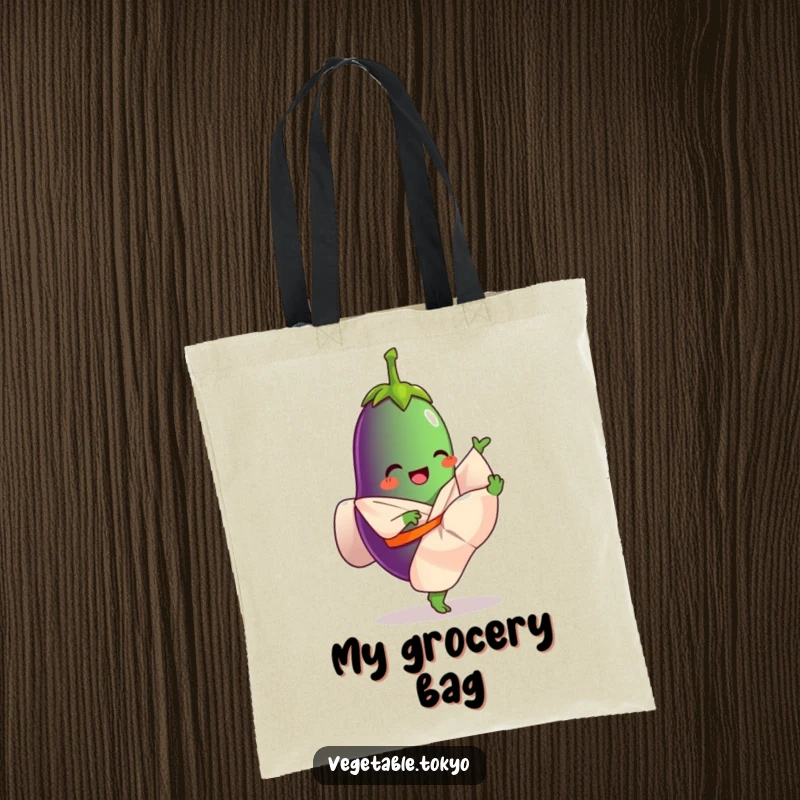 Funny tote bag with a giggling eggplant in a flowing kimono, energetically kicking its leg high, ideal for stylish and humorous errands.