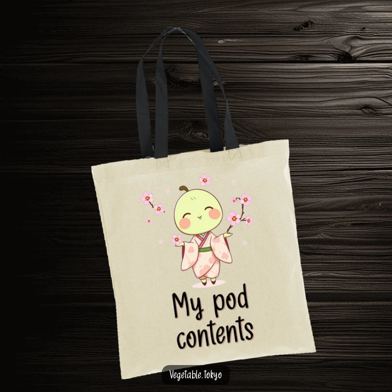 Funny tote bag with a delighted pea pod in a kimono, juggling cherry blossoms, ideal for stylish and humorous everyday use.